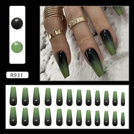 Coffin Press on Nails Long Fake Nails Sparkly False Nails Green Ombre Glue on Nails Glossy Stick on Nails Summer Cute Artificial Nails for Women 24Pcs