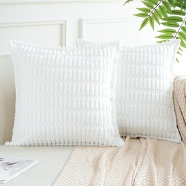 Artscope Pure White Cushion Covers Set of 2 Corduroy Decorative Square Striped Pillowcase with Stitched Edge Pillow Covers 40x40cm for Home Decor Sofa Bedroom Car