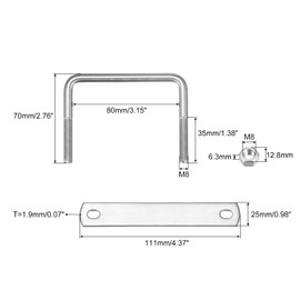 sourcing map U Bolts U Bolts M8 x 80 mm x 70 mm Square U Shackle Bolt 304 Stainless Steel U-Bolts with Nut Plate Bracket Clamp Fence Attachment for Roof Box Car Pipe Towing