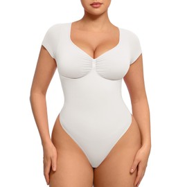 FeelinGirl Body Shaper Tummy Control Going Out Tops for Women Short Sleeve V Neck Bodysuit Women's White Body Suit Creamy White M
