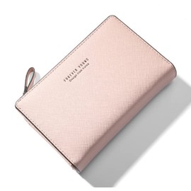 Kugusa Women's Bi-fold PU Leather Wallet, 10 Cards, Storage Zipper, Includes Exclusive Gift Box, Cute, ash pink