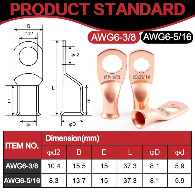 20 PCS AWG 6 Gauge 5/16 3/8 Copper Wire Lugs