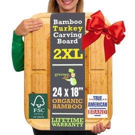 24 Inch Organic Bamboo Extra Large Carving Board with Lifetime Replacements - 2XL Meat Cutting Board and Wooden Butcher Block with Pour Spout, Turkey Platter for Thanksgiving Essentials