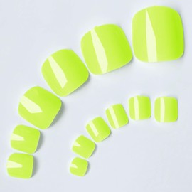 LuckForever Neon Yellow Press on Toenails - 240pc Glossy Short Square Fake Toenails, Full Cover, 10 Nail Adhesive Tabs, Small Wooden Sticks & Nail Files