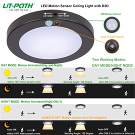 LIT-PaTH LED Flush Mount Ceiling Light, Closet Lighting Fixture with Motion Sensor and Dusk to Dawn, 10.5W, 800 Lumen, 6.2 Inch, Anti-Rust Galvanized Housing, Bronze Finish 3000K 2-Pack