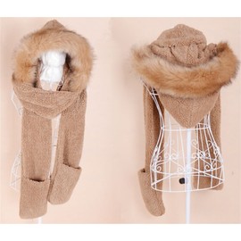 Winter Warm Women Hoodie Hat/Scarf/Gloves Set Soft Plush Thick Warm Hat
