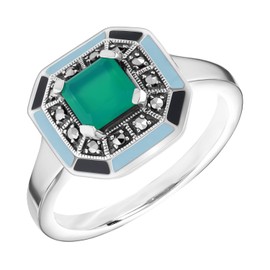 Esse Marcasite Sterling Silver Square Cut Green Chalcedony Marcasite & Enamel Detailed Art Deco Ring (L)
