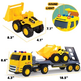MÖBIUS Toys Flatbed Truck with Excavator Tractor Toy - 1:12 Scale, Push and Go Construction Vehicle Playset, Lights & Sounds for Kids, Toddlers, Boys, & Girls Ages 3 4 5 Years Old