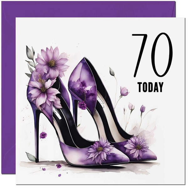 70th Birthday Card for women - Purple Heels Flowers Classy