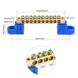 sourcing map Terminal Ground Bar Screw Block Barrier Brass 10 Positions Blue for Electrical Distribution