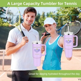 AETHER 40oz Tennis Tumblers with Straw & Handle, Tennis Player Themed Travel Mug Cup, Sports Player Gifts for Tennis Lovers Men Women Partners Players, Stainless Steel Vacuum Tumbler for Coach Friend