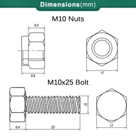 Drenky Bolts and Nuts Set, 10 Pcs M10 Black Lock Nuts and Bolts Assortment 304 Stainless Steel Hex Bolt and Nut M10 x 25mm Machine Screws and Nut for Machinery, Furniture, 3D Printing