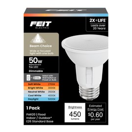 Feit Electric PAR20 LED Reflector Light, 50W Equivalent, Dimmable, Adjustable Beam, Adjustable White (2700K-5000K), 90+ CRI, Indoor/Outdoor, Track Lighting, 25,000-Hour Lifetime, PAR20/ADJ/6WYCA