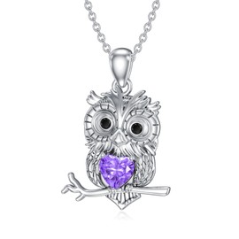 Reaii Owl Necklace 925 Sterling Silver Owl Pendant Necklace Natural Amethyst Jewelry Gift for Women