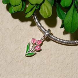 GNOCE Blooming Tulip Pendant Charms for Bracelet 925 Sterling Silver Flower Dangle Charm for Women Mother's Day Gift Fit Bracelets/Necklace