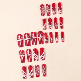 MISUD Christmas Press on Nails Long Square Fake Nails Matte Glue on Nails Snowflake Acrylic Nails Squoval Artificial Nails Gift Bow Stick on False Nails with Rhinestone Design 24 pcs