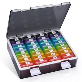Fullicon Fullicon Monthly Pill Box Organiser 1 Time a Day with 32 Compartments, 30 Day Pill Box Organiser with Labels, Portable Pill Box Monthly for Vitamin, Fish Oil, Supplements (Black/Rainbow)