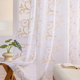 Sheer Curtains White-Beige 45 Inch Length Floral Embroidery Vintage Rod Pocket Voile Drapes for Living room, Bedroom, Window Treatments Semi Crinkle Curtain Panels for Farmhouse Set of 2, 52"x 45".
