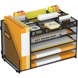 Organizador de escritorio de malla de 5 niveles con bandeja para cartas y soporte para archivos y 3 soportes para bolígrafos extraíbles, organizador d