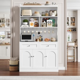FACBOTALL 73" Tall Pantry Cabinet with Microwave Stand,Kitchen Hutch Cabinet with Countertop & Drawers & Hooks,Sideboard Buffet Cabinet for Hallway,Living Room,White