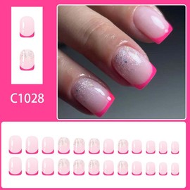 Square Press On Nails Short Fake Nails Pink French Tip False Nails With Glitter Design Nude Glue On Nail Reusable Acrylic Stick On Nail For Women Girls Manicure 24pcs