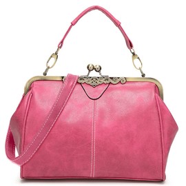 Dayfine Bolso de mano de piel esmerilado para mujer, bolso retro con cierre de beso, bolso de mano, bolso de hombro, bolso mediano, Rosado, Talla unica