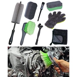 oesee 8 Pack Motorcycle Cleaning Kit - Professional Safe for Chrome/Engine/Tires, Hard Reach Brush, Microfiber Mitt, Detailing Tools, Drying Towel & Wax Applicators