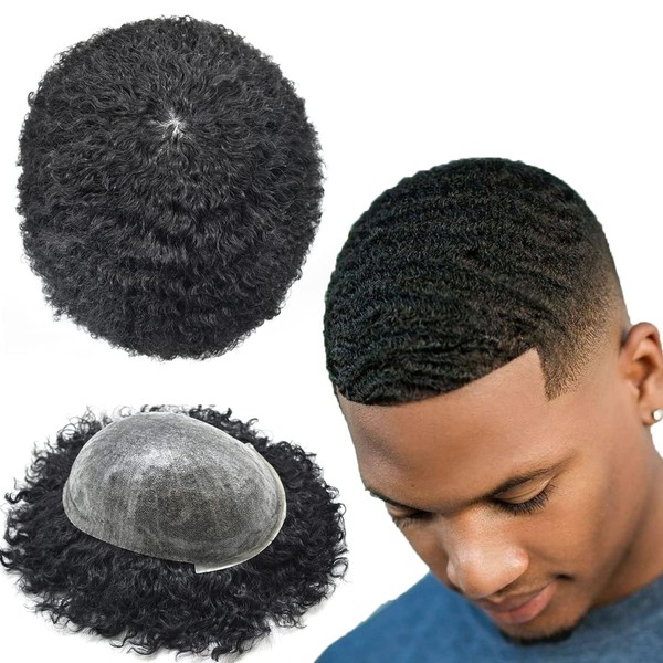 SINGA HAIR Afro Toupee for Black Men Curly Weave Brazilian Hair System All Pu Injection Hair Unit for Black Men (1# Jet Black,8MM Afro)