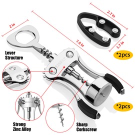 Powerful Wine Opener, Ergonomic Soft Touch Heavy Duty Manual Bottle Openers, Rust Resistant Zinc Alloy Winged Corkscrew, Easy Use, Open Corks, Dishwasher Safe (Wine Opener, set of, 2)