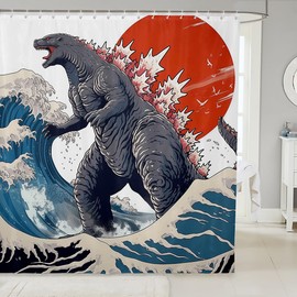 jejeloiu Dinosaur Monsters Shower Curtain Japanese Ocean Wave Fabric Shower Curtain for Kids Boys Red Sunset Pattern Bathroom Waterproof Accessories with 12 Hooks Fuji Mountain Curtains,72x84 Inches
