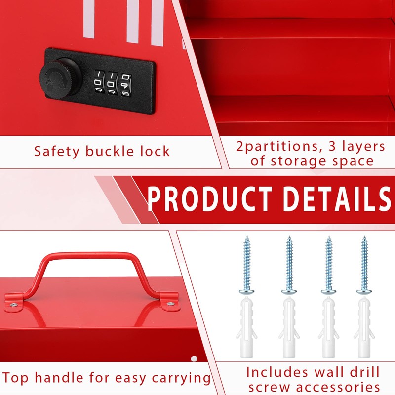 First Aid Cabinet with Combination Lock & Key 3 Shelf,Red