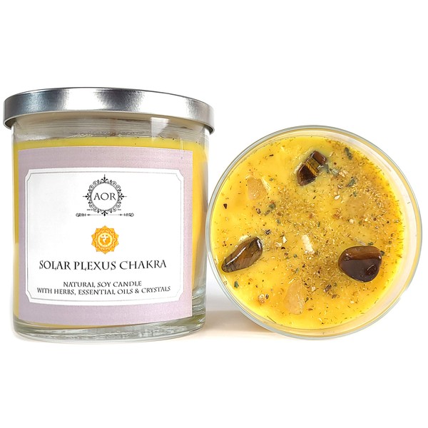 Solar Plexus Chakra Soy Candle | 10 oz with Yellow Topaz & Tiger's Eye Crystals, Herbs & Essential Oils | Self-Esteem, Confidence, Action and Determination | Wiccan Pagan Magick Spirituality