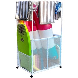 Pool Bins Pool Equipment Holder with Towel Drying Bars, Mesh Rolling Multi Use Storage Organizer Bin, Large Towel Hanger (25" L x 34.5" W x 62.6" H), White