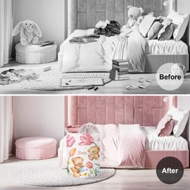 Clastyle 45L Collapsible Tulip Bear Laundry Basket Spring Garden Dirty Clothes Hamper for College Dorm Round Toys Pink Flower Nursery Hamper