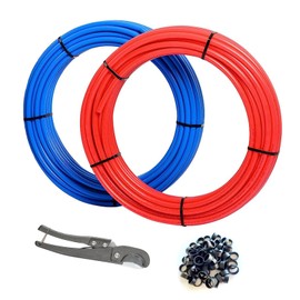 GUOFIS 1/2 Inch PEX-B Pipe, 2 Rolls Blue & Red Each 100 Feet (200ft) Length PEX Tubing Pipes, with 1/2" Copper Crimp Rings (100 PCS), Pipe Cutter, for Potable Hot/Cold Water Plumbing Application