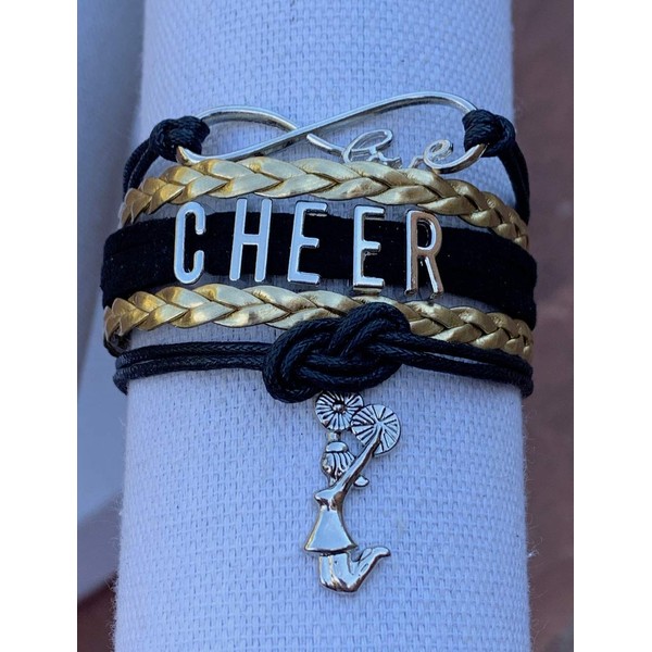 Cheer Charm Bracelet- Girls Infinity Love Adjustable Cheerleading Jewelry in Team Colors For Cheerleader (Black/Gold)