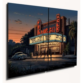 The Plum Penguin Old-Fashioned Cinema Facade Wall Art, Dual A4 MDF Panels, Twilight City Decor Canvas Alternative 40 x 30cm