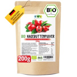 EWL Naturprodukte Organic Rosehip Powder 200 g, Whole Rose Hips Ground Powder, Raw Food Quality Powder, from Controlled Organic Cultivation, Vegan