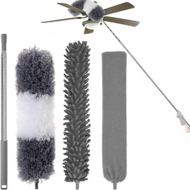 4PCS Ceiling Fan Duster with Extension Pole 16-98'', Microfiber Dust Brush + Gap Mop + Chenille Duster + Retractable Pole, Bendable Washable Feather Dusters for Cleaning Ceilings, Wall and Car