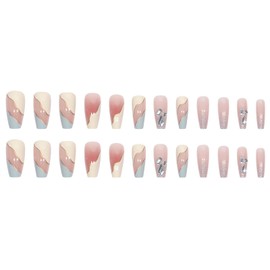 MERVF Long Press on Nails Coffin French Fake Nails Glitter French Tip Ballerina Acrylic Nails with Rhinestones Glossy 24pcs False Nails for Women and Girls
