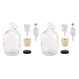 North Mountain Supply 1 Gallon Glass Fermenting Jug with Handle, Size 6.5 Rubber Stopper, 6 Bubble Airlock, 2 Piece Airlock, Black Plastic Lid, Set of 2