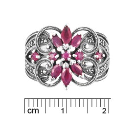 Esse Marcasite Sterling Silver Vintage Floral Red Ruby Statement Ring - Size P