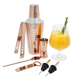 BarCraft 7-Piece Copper Cocktail Set in Gift Box, Includes Cocktail Shaker, Jigger, Tongs, Mixing Spoon, Bottle Opener & 2 Bottle Pourers, Stainless Steel