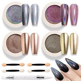SUTOKAKA 4 Color Chrome Nail Powder Set Holographic Metallic Mirror Effect Nail Chrome Glitter Silver Copper Rose Gold Champane Glazed Donut Nail Dust Manicure Pigment for DIY Nail Art Design