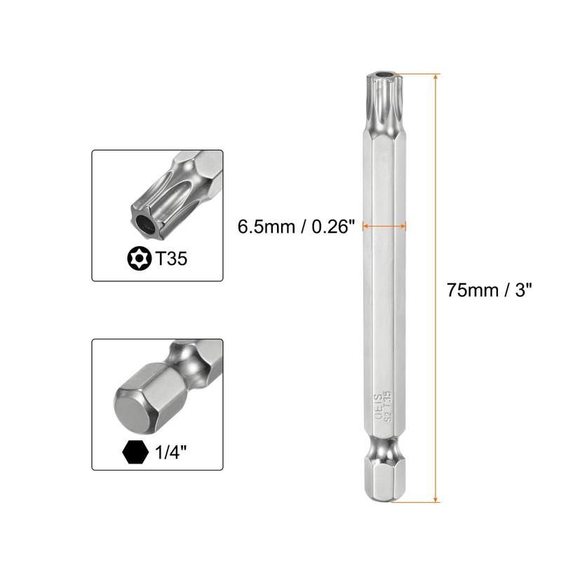 sourcing map T35 Security Torx Bit 1/4" Hex Shank 3"