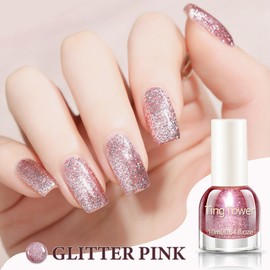Glitter Nail Polish - Shimmering Sparkly Pink Nail Varnish - Quick Dry Bright Pink Nail Polish - High Glossy Long Lasting Nail Art No Need UV DIY Nail Art