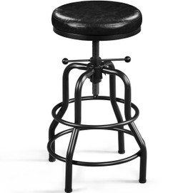 Yaheetech Industrial Bar Stools Vintage Counter Height Bar Stool with Round Faux Leather Seat Metal Stool Adjustable Kitchen Stool 21.5-28 Inch Tall Black, 1PCS