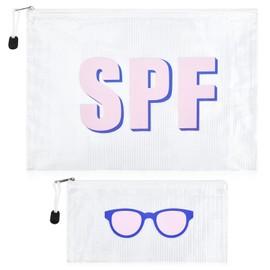 SOIDRAM 2PCS SPF Makeup Bag Clear Zippered SPF Bag Cosmetic Pouch Waterproof Travel Toiletry Organizer for Women Varsity Letter Patch Beach Pool Essentials