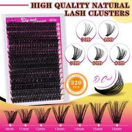 WLFRHD Eyelash Extensions, 320 Pieces, Cluster Lashes, 60D DIY Eyelash Extensions, D Curl, Individual Eyelashes (9-16 mm)