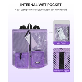 WANDF Swim Bag Mesh Drawstring Backpack with Wet Pocket Beach Bag for Swimming Pool Gym Workout Men and Women(Purple)